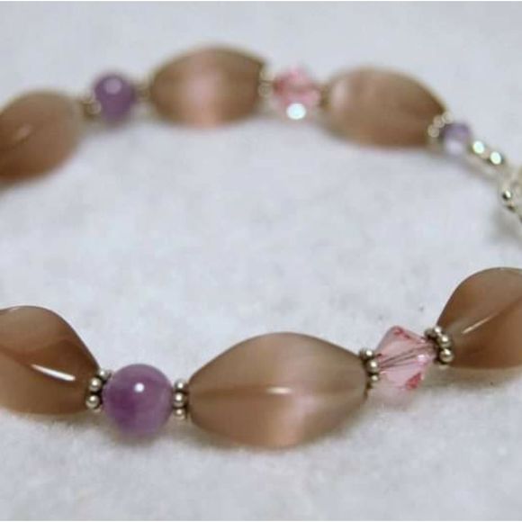 Handmade Pink Cat's Eye Glass, Amethyst Beads, & Sterling Silver Bracelet - Picture 5 of 8